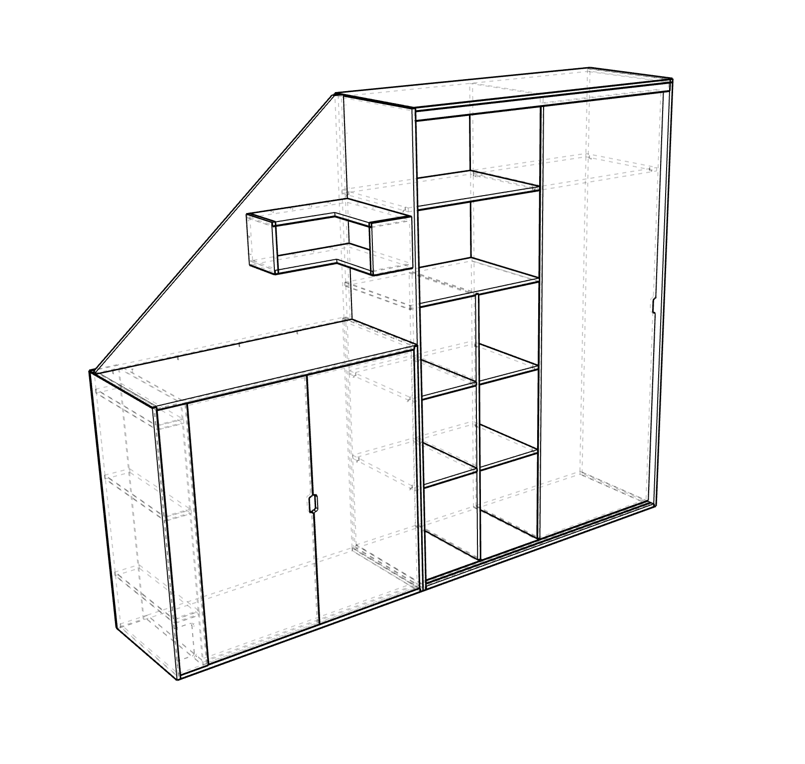3D-tekening van een maatwerkkast onder schuin dak